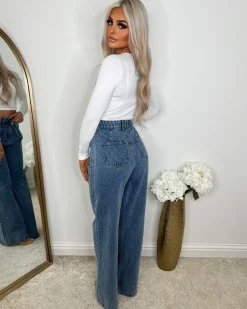 Sylvia Mid Blue Cut Out Pocket Wide Leg Jean