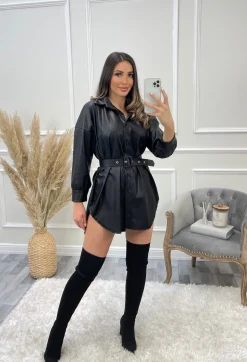 Tabitha PU Leather Belted Dress - Black
