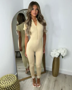 Taylor Seamless Ribbed Zip Front Jumpsuit - Beige