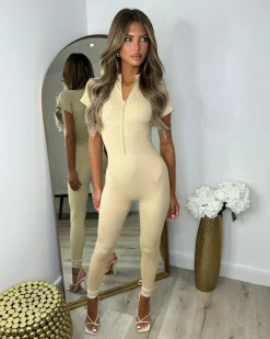 Taylor Seamless Ribbed Zip Front Jumpsuit - Beige