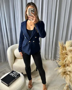 Thea Fitted Gold Button Blazer - Navy