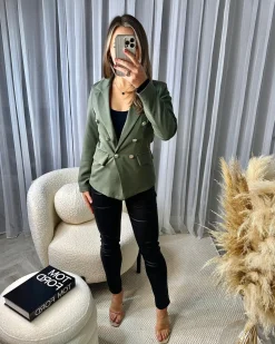 Thea Fitted Gold Button Blazer- Khaki