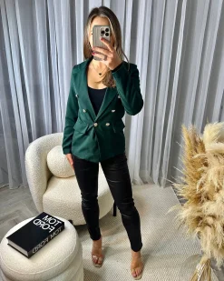 Thea Fitted Gold Button Blazer - Forest Green