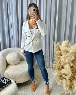 Thea Fitted Gold Button Blazer - White