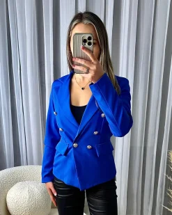 Thea Fitted Gold Button Blazer - Royal Blue