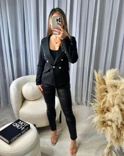 Thea Fitted Gold Button Blazer - Black