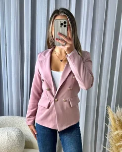 Thea Fitted Gold Button Blazer - Dusky Pink