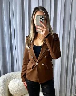 Thea Fitted Gold Button Blazer - Chocolate