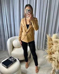Thea Fitted Gold Button Blazer - Camel