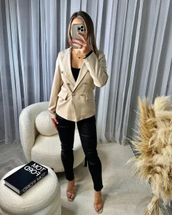 Thea Fitted Gold Button Blazer - Beige