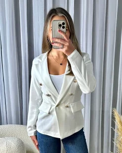 Thea Fitted Gold Button Blazer - White