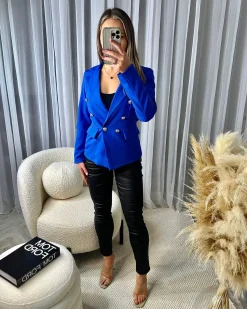 Thea Fitted Gold Button Blazer - Royal Blue