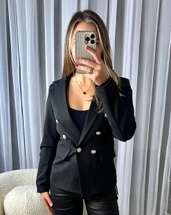Thea Fitted Gold Button Blazer - Black