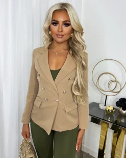 Thea Fitted Gold Button Blazer - Camel