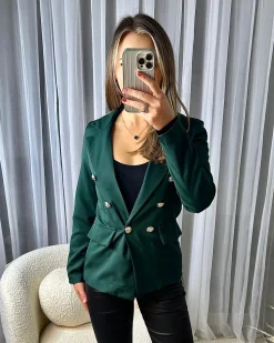 Thea Fitted Gold Button Blazer - Forest Green