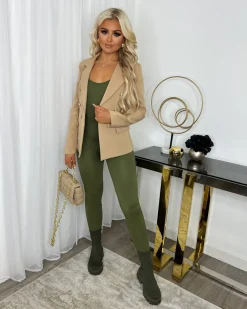 Thea Fitted Gold Button Blazer - Camel