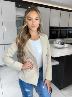 Thea Fitted Gold Button Blazer - Beige