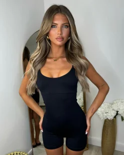 Trixie Short Spaghetti Strap Unitard - Black